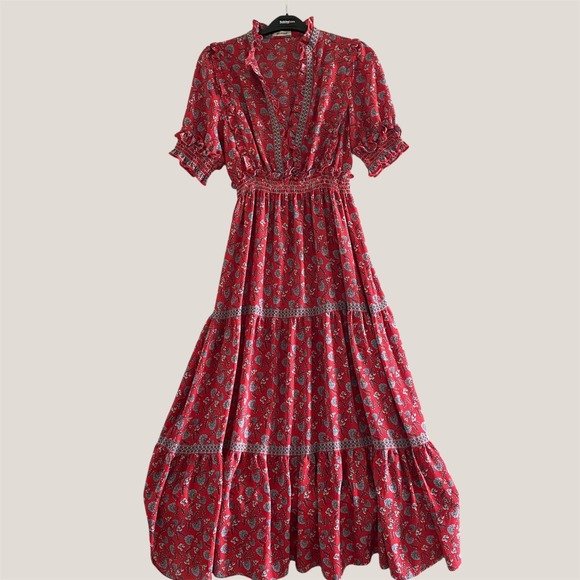 Max Studio Tiered Boho Red Floral Puff Sleeve Maxi Dress S/M Ruffles Feminine - Picture 1 of 16